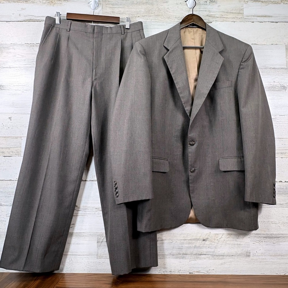 Stafford 2-Piece Suit Mens 42L 34x29 Tan Micro-Check Wool Blend Old Money